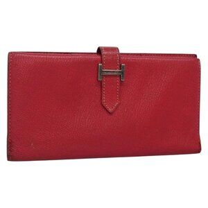 HERMES Wallet Leather Red Silver Auth 142361